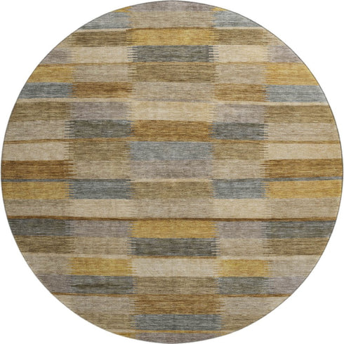 8' Brown Beige And Gray Striped Washable Round Rug With UV Protection