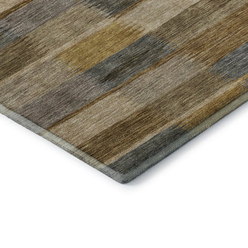 8' Brown Beige And Gray Striped Washable Round Rug With UV Protection