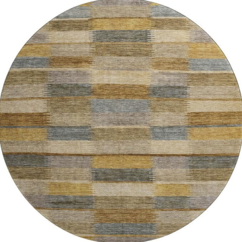 8' Brown Beige And Gray Striped Washable Round Rug With UV Protection