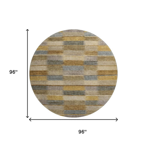 8' Brown Beige And Gray Striped Washable Round Rug With UV Protection