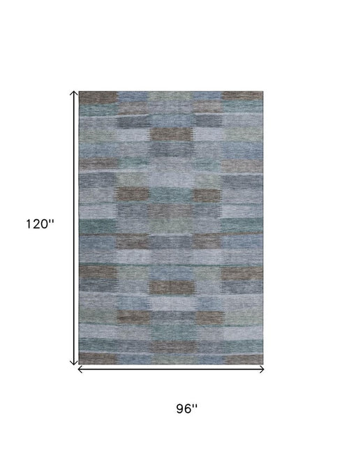 8' X 10' Blue Teal And Brown Striped Washable Area Rug With UV Protection