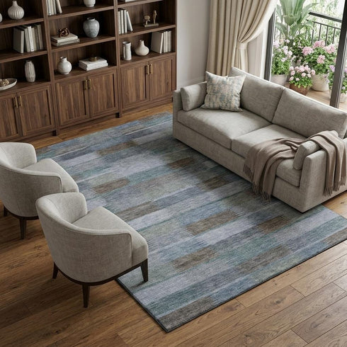 8' X 10' Blue Teal And Brown Striped Washable Area Rug With UV Protection