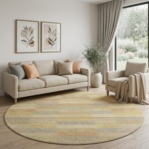 8' Wheat Beige And Gray Striped Washable Round Rug With UV Protection