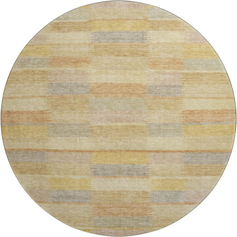 8' Wheat Beige And Gray Striped Washable Round Rug With UV Protection