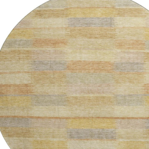 8' Wheat Beige And Gray Striped Washable Round Rug With UV Protection
