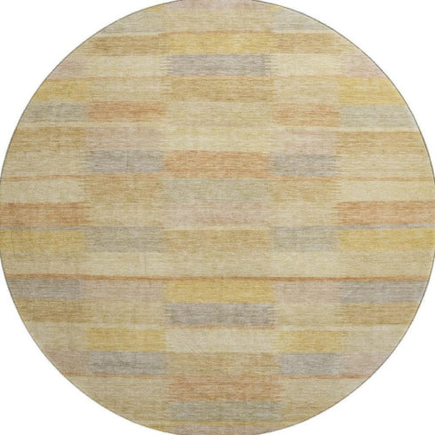 8' Wheat Beige And Gray Striped Washable Round Rug With UV Protection