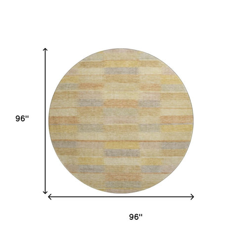 8' Wheat Beige And Gray Striped Washable Round Rug With UV Protection