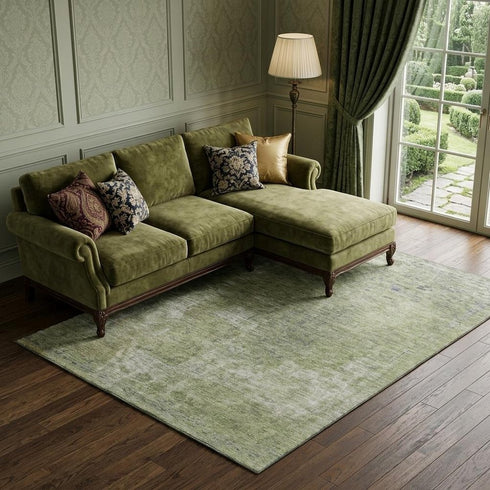 8' X 10' Artichoke Green Gray And Silver Abstract Washable Area Rug With UV Protection