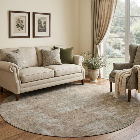8' Beige Gray And Khaki Abstract Washable Round Rug With UV Protection