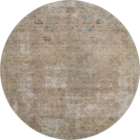 8' Beige Gray And Khaki Abstract Washable Round Rug With UV Protection