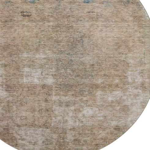 8' Beige Gray And Khaki Abstract Washable Round Rug With UV Protection