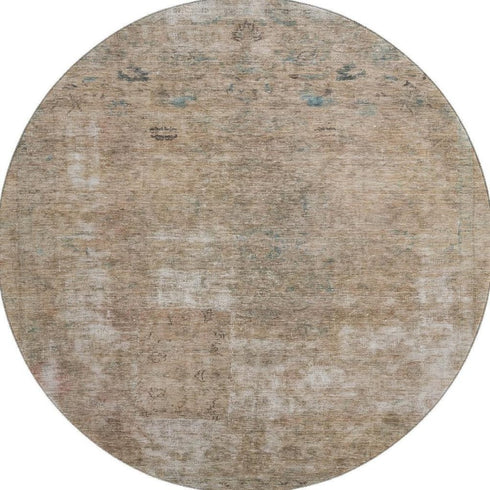 8' Beige Gray And Khaki Abstract Washable Round Rug With UV Protection