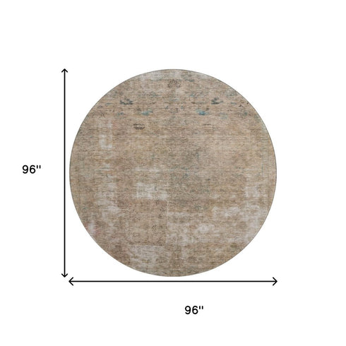 8' Beige Gray And Khaki Abstract Washable Round Rug With UV Protection
