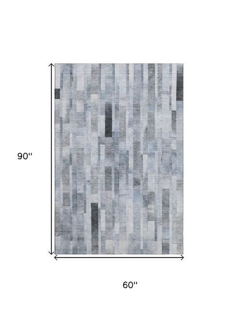 5' X 8' Blue Ivory And Gray Striped Washable Area Rug With UV Protection