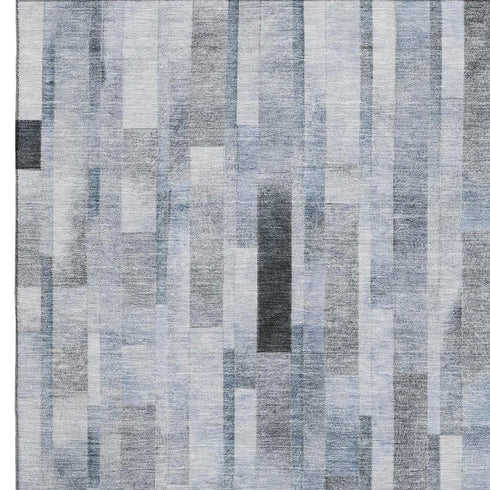 5' X 8' Blue Ivory And Gray Striped Washable Area Rug With UV Protection