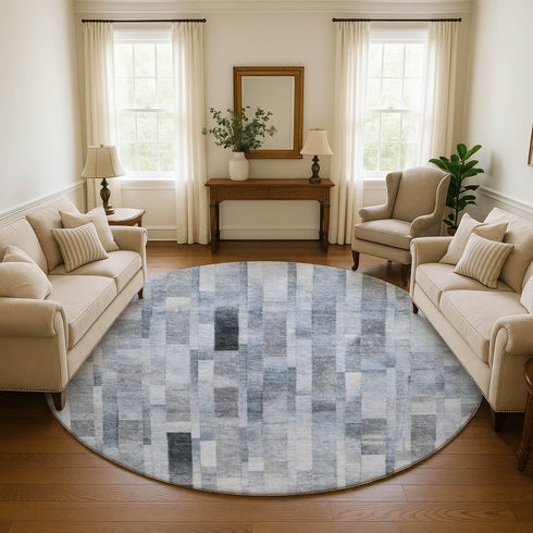 8' Blue Ivory And Gray Striped Washable Round Rug With UV Protection