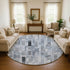 8' Blue Ivory And Gray Striped Washable Round Rug With UV Protection