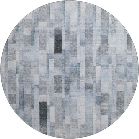 8' Blue Ivory And Gray Striped Washable Round Rug With UV Protection