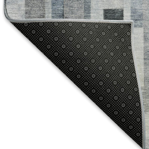 8' Blue Ivory And Gray Striped Washable Round Rug With UV Protection