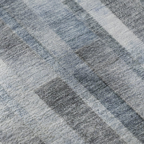 8' Blue Ivory And Gray Striped Washable Round Rug With UV Protection