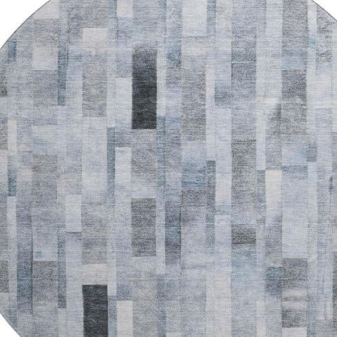 8' Blue Ivory And Gray Striped Washable Round Rug With UV Protection