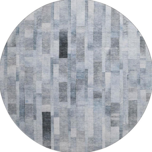8' Blue Ivory And Gray Striped Washable Round Rug With UV Protection