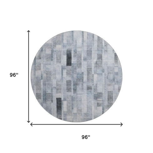 8' Blue Ivory And Gray Striped Washable Round Rug With UV Protection