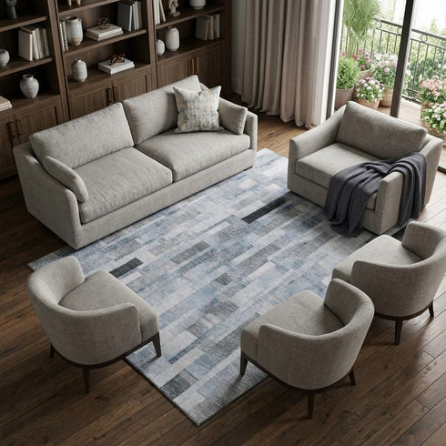 8' X 10' Blue Ivory And Gray Striped Washable Area Rug With UV Protection