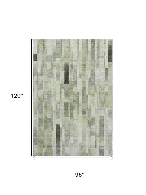 8' X 10' Green Gray And Ivory Striped Washable Area Rug With UV Protection