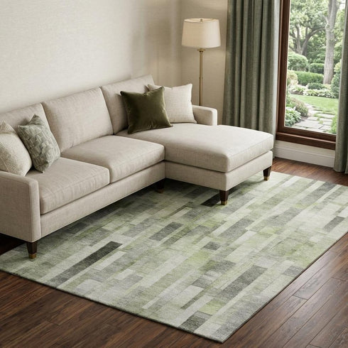 8' X 10' Green Gray And Ivory Striped Washable Area Rug With UV Protection