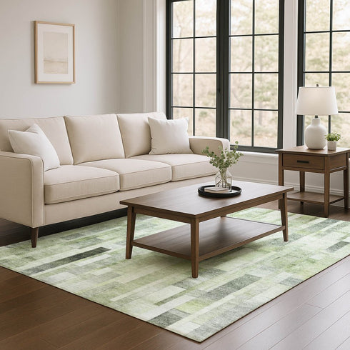 8' X 10' Green Gray And Ivory Striped Washable Area Rug With UV Protection