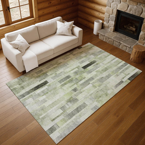 8' X 10' Green Gray And Ivory Striped Washable Area Rug With UV Protection