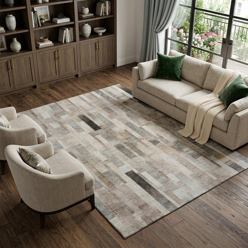 8' X 10' Taupe Ivory And Gray Striped Washable Area Rug With UV Protection