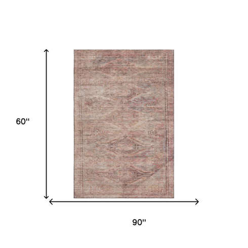 5' X 8' Salmon Copper And Beige Abstract Geometric Washable Area Rug With UV Protection