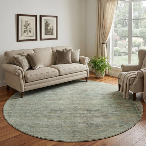 8' Teal Sage And Copper Abstract Geometric Washable Round Rug With UV Protection