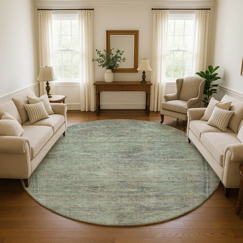 8' Teal Sage And Copper Abstract Geometric Washable Round Rug With UV Protection