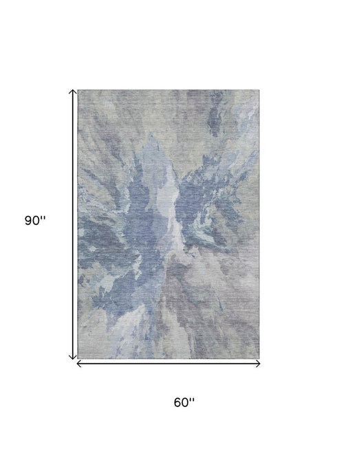 5' X 8' Denim Blue Ivory And Linen Abstract Washable Area Rug With UV Protection