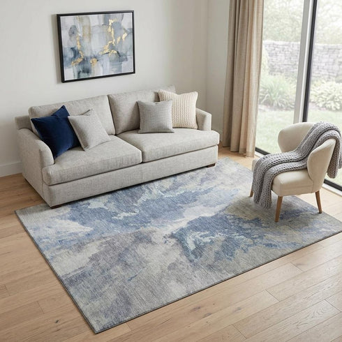 5' X 8' Denim Blue Ivory And Linen Abstract Washable Area Rug With UV Protection