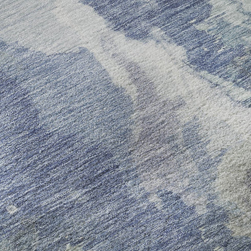 5' X 8' Denim Blue Ivory And Linen Abstract Washable Area Rug With UV Protection