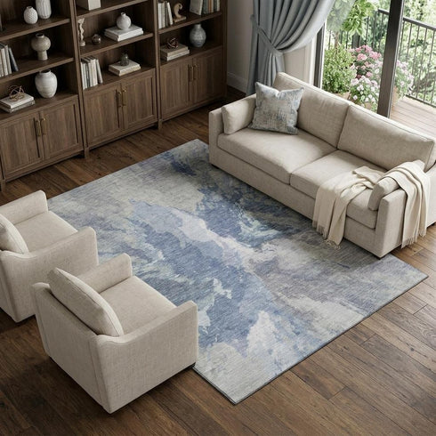 8' X 10' Denim Blue Ivory And Linen Abstract Washable Area Rug With UV Protection