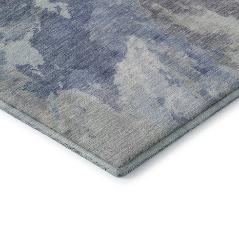 8' X 10' Denim Blue Ivory And Linen Abstract Washable Area Rug With UV Protection