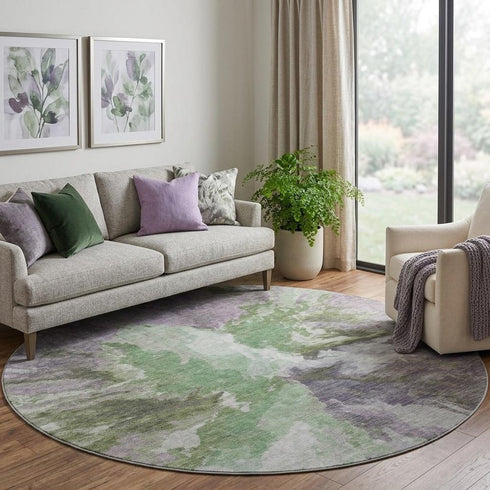 8' Green Purple And Ivory Abstract Washable Round Rug With UV Protection
