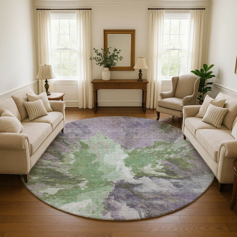 8' Green Purple And Ivory Abstract Washable Round Rug With UV Protection