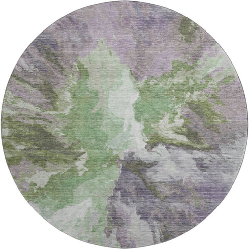 8' Green Purple And Ivory Abstract Washable Round Rug With UV Protection