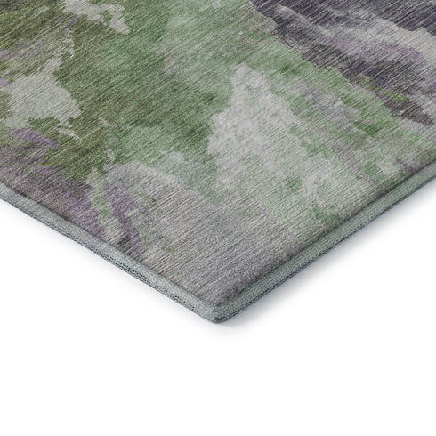 8' Green Purple And Ivory Abstract Washable Round Rug With UV Protection