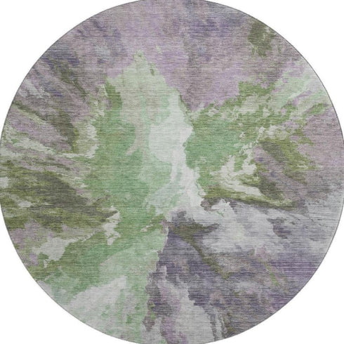 8' Green Purple And Ivory Abstract Washable Round Rug With UV Protection