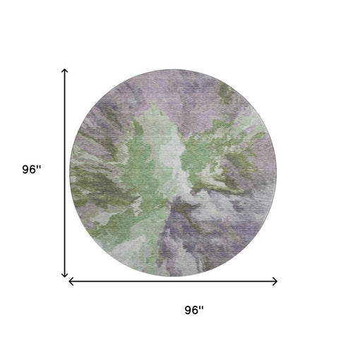 8' Green Purple And Ivory Abstract Washable Round Rug With UV Protection