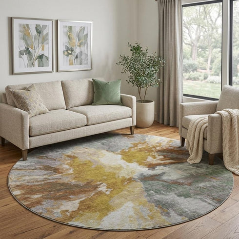 8' Gold Ivory And Gray Abstract Washable Round Rug With UV Protection