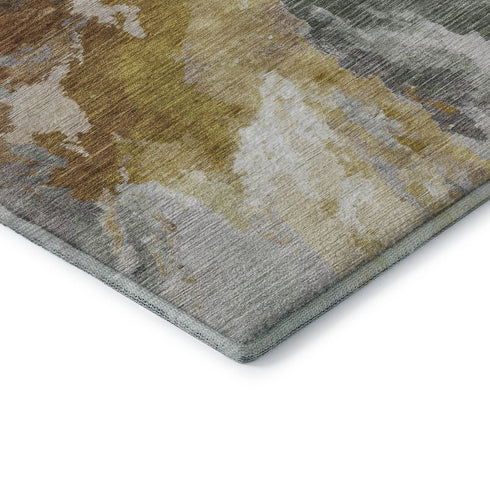 8' Gold Ivory And Gray Abstract Washable Round Rug With UV Protection
