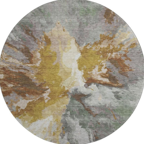 8' Gold Ivory And Gray Abstract Washable Round Rug With UV Protection